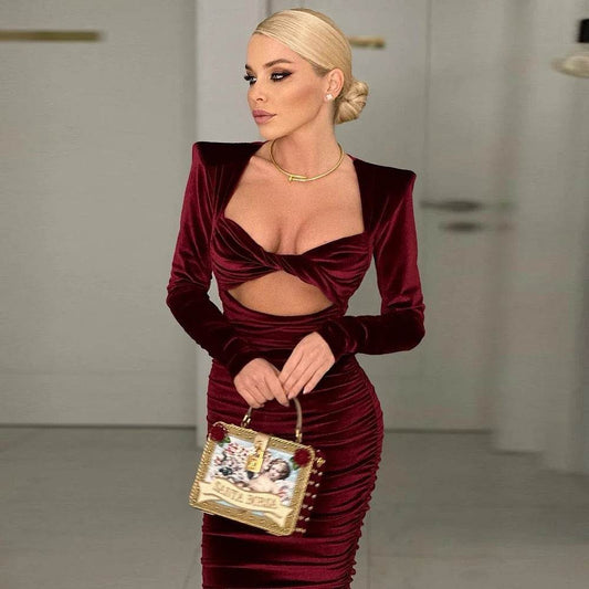 Long Sleeve Pleated Midi Dress - REBECATHELABEL