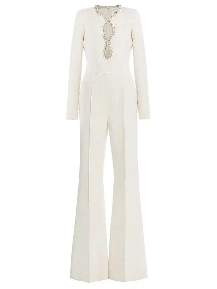 Long Sleeve V-Neck Diamond Tight Long Sleeve Jumpsuit - REBECATHELABEL