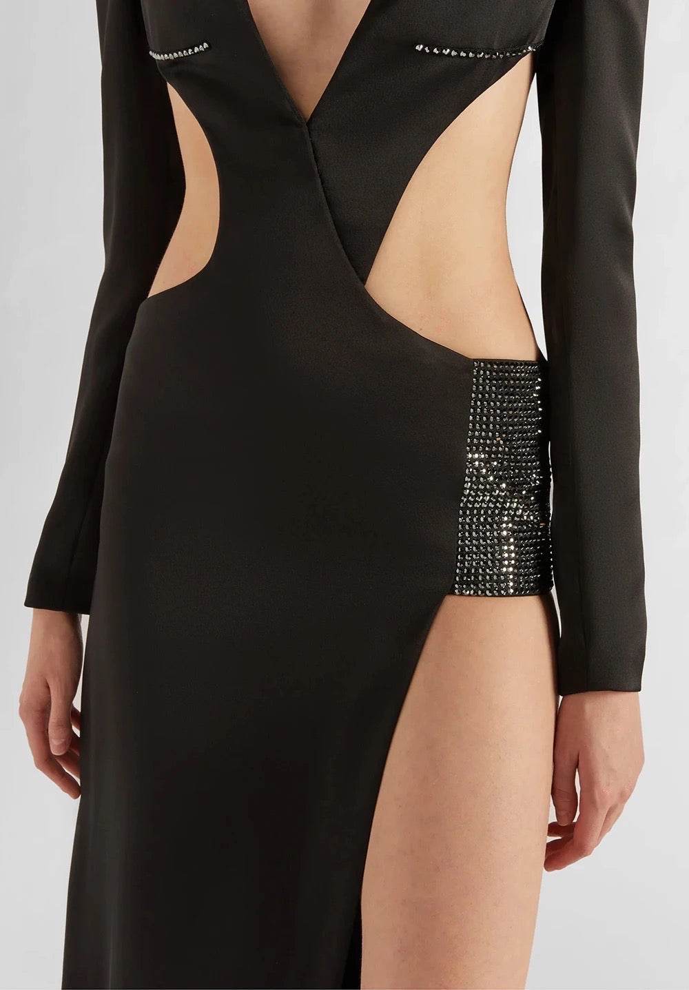 Long Sleeve V-Neck Hollow Diamond Long Split Bandage Dress - REBECATHELABEL