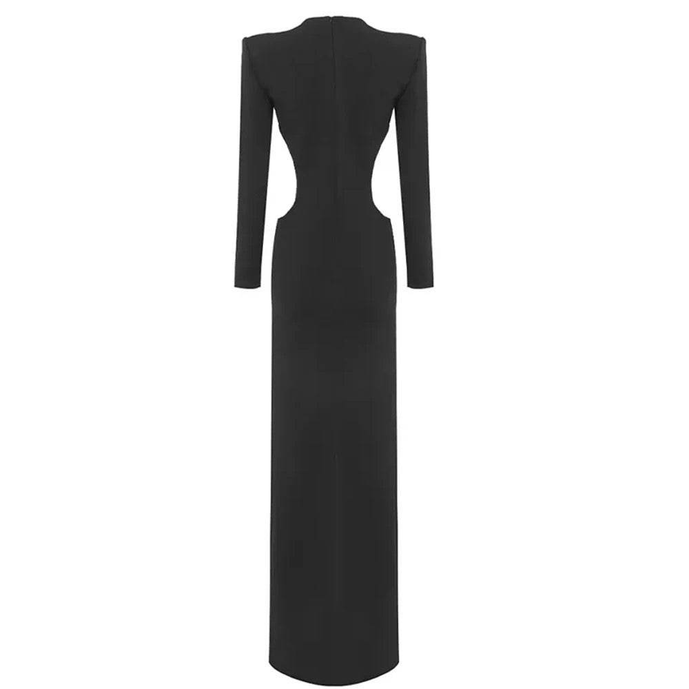 Long Sleeve V-Neck Hollow Diamond Long Split Bandage Dress - REBECATHELABEL