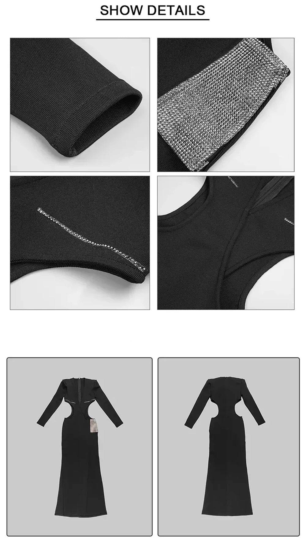 Long Sleeve V-Neck Hollow Diamond Long Split Bandage Dress - REBECATHELABEL