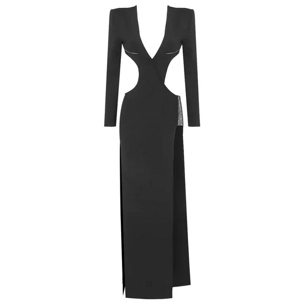 Long Sleeve V-Neck Hollow Diamond Long Split Bandage Dress - REBECATHELABEL