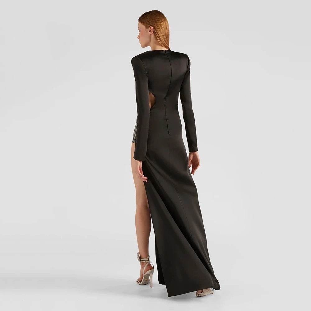 Long Sleeve V-Neck Hollow Diamond Long Split Bandage Dress - REBECATHELABEL