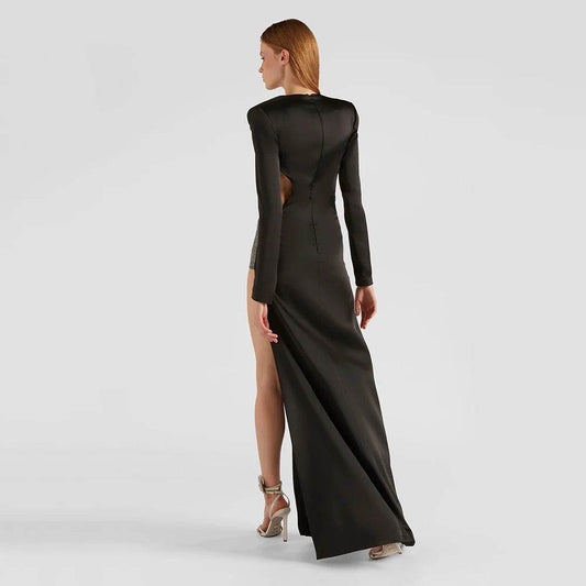 Long Sleeve V-Neck Hollow Diamond Long Split Bandage Dress - REBECATHELABEL