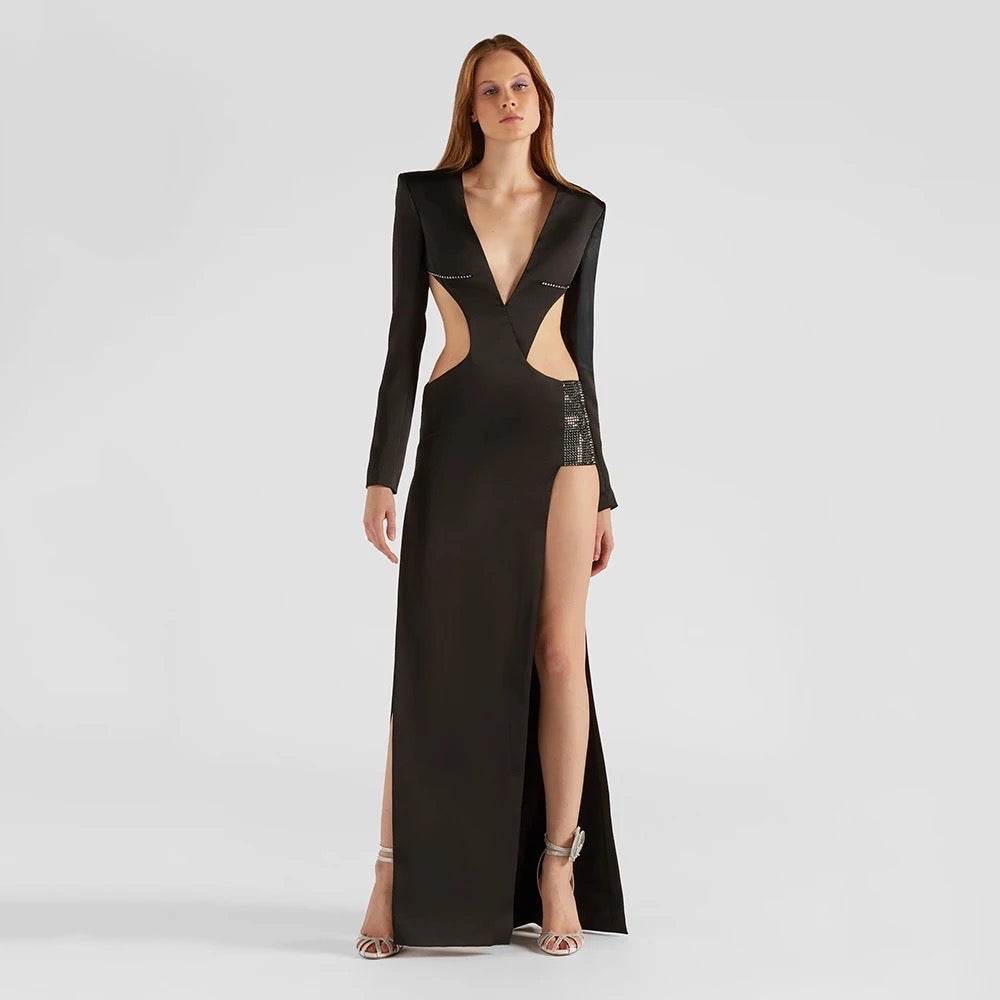 Long Sleeve V-Neck Hollow Diamond Long Split Bandage Dress - REBECATHELABEL