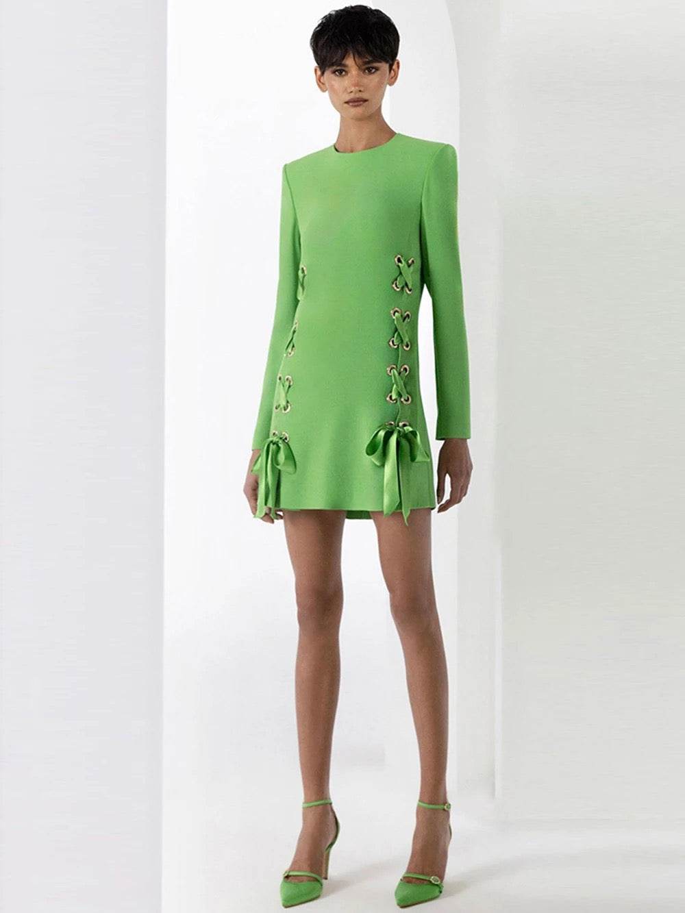 Long sleeved Cross Tied Slim Fit Mini Dress - REBECATHELABEL