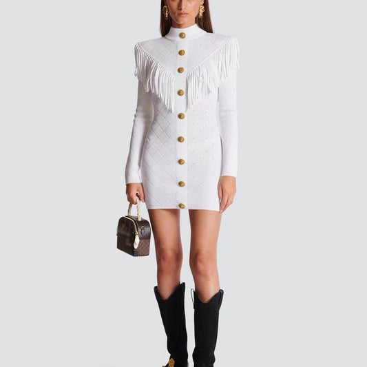 Long sleeved Gold Button Tassel Edge Knitted Mini Dress - REBECATHELABEL
