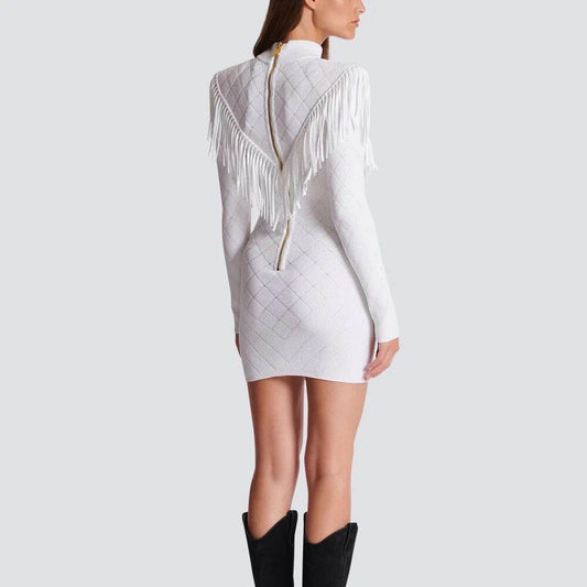 Long sleeved Gold Button Tassel Edge Knitted Mini Dress - REBECATHELABEL