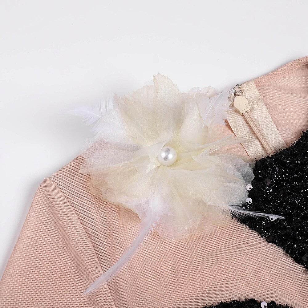 Long sleeved Mesh Spliced Sequin Feather Flower High Split Long Dress - REBECATHELABEL