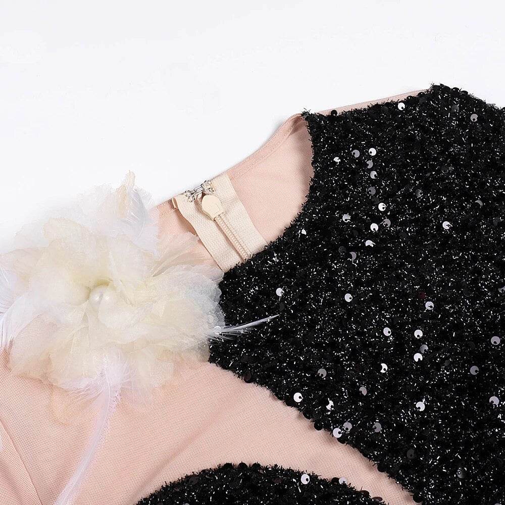 Long sleeved Mesh Spliced Sequin Feather Flower High Split Long Dress - REBECATHELABEL