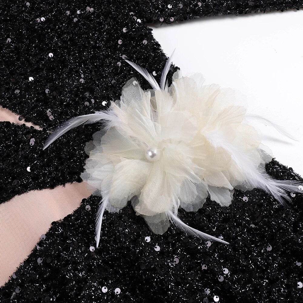 Long sleeved Mesh Spliced Sequin Feather Flower High Split Long Dress - REBECATHELABEL