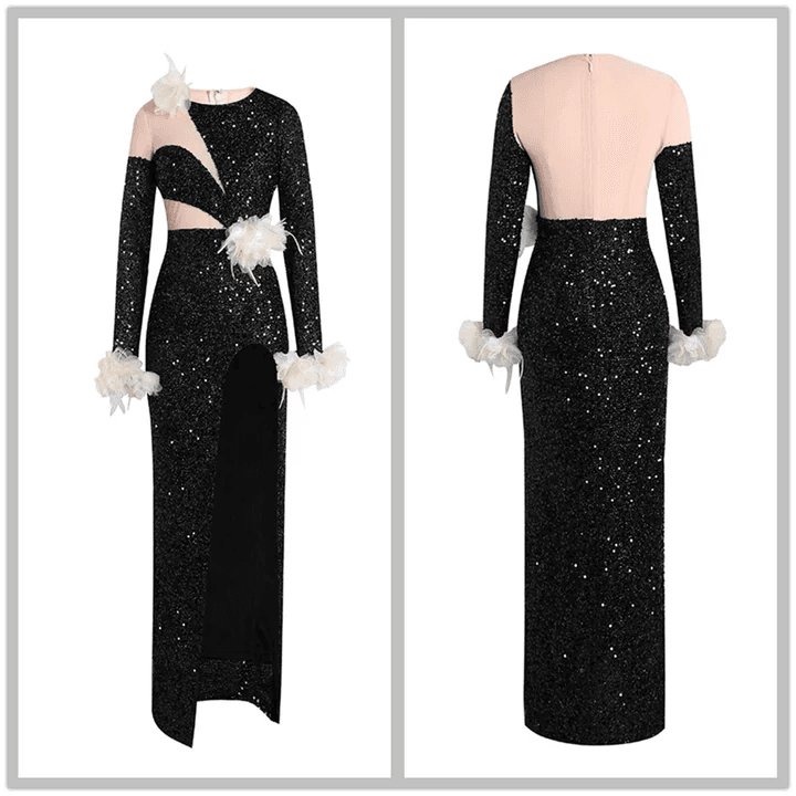 Long sleeved Mesh Spliced Sequin Feather Flower High Split Long Dress - REBECATHELABEL