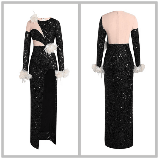 Long sleeved Mesh Spliced Sequin Feather Flower High Split Long Dress - REBECATHELABEL