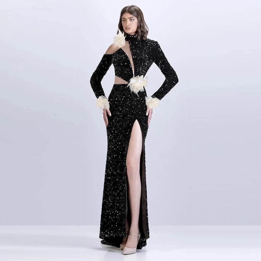 Long sleeved Mesh Spliced Sequin Feather Flower High Split Long Dress - REBECATHELABEL