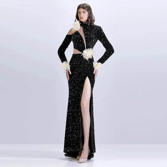 Long sleeved Mesh Spliced Sequin Feather Flower High Split Long Dress - REBECATHELABEL