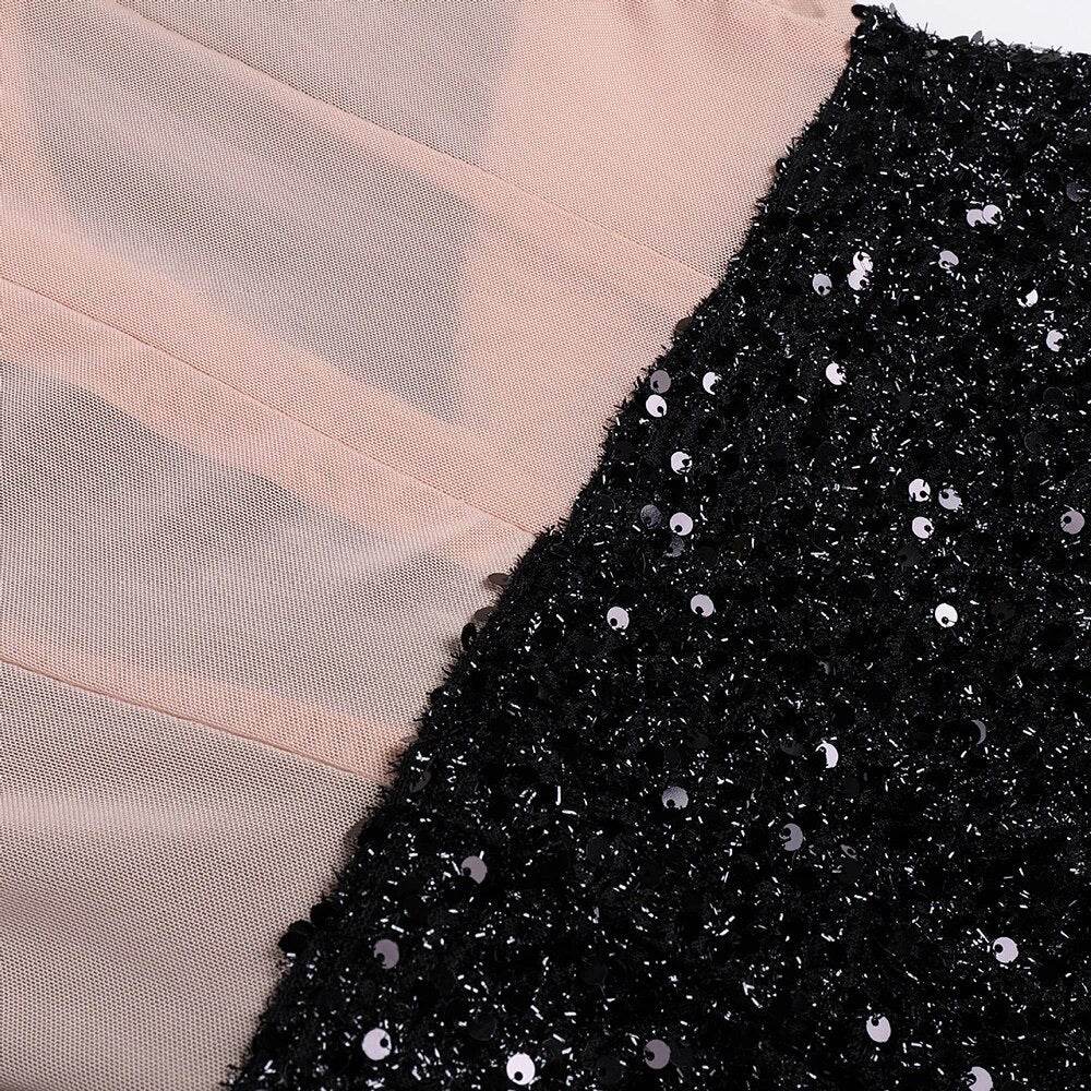 Long sleeved Mesh Spliced Sequin Feather Flower High Split Long Dress - REBECATHELABEL