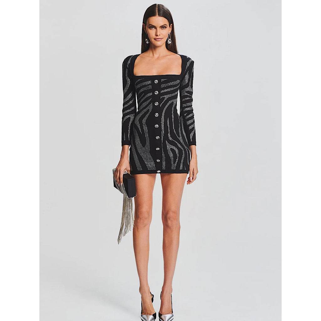 Long sleeved Square Neck Diamond Tight Mini Bandage Dress - REBECATHELABEL