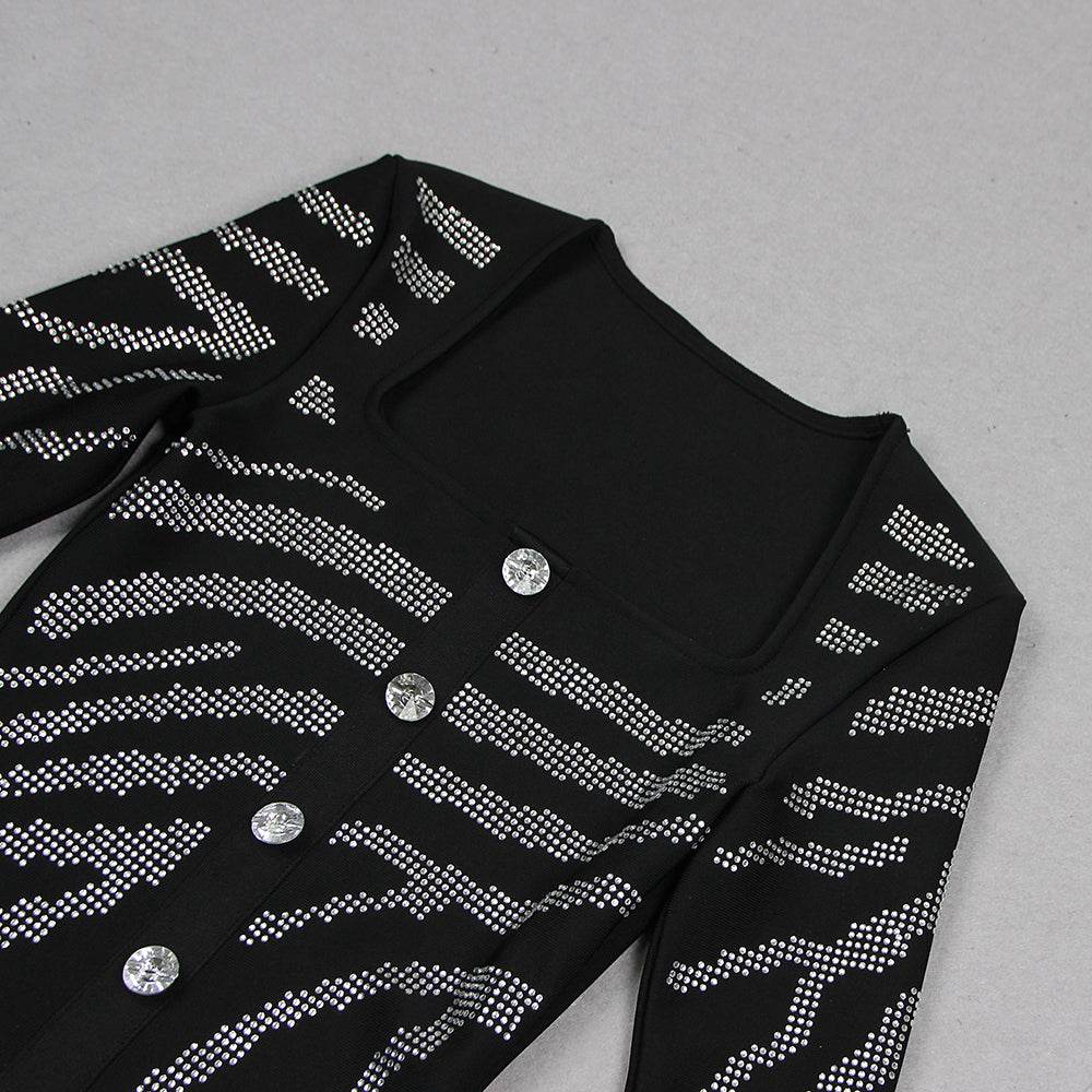 Long sleeved Square Neck Diamond Tight Mini Bandage Dress - REBECATHELABEL