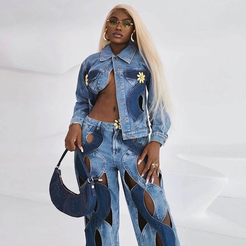 Loose Lapel Hollowed Out Single Row Button Solid Color set - REBECATHELABEL