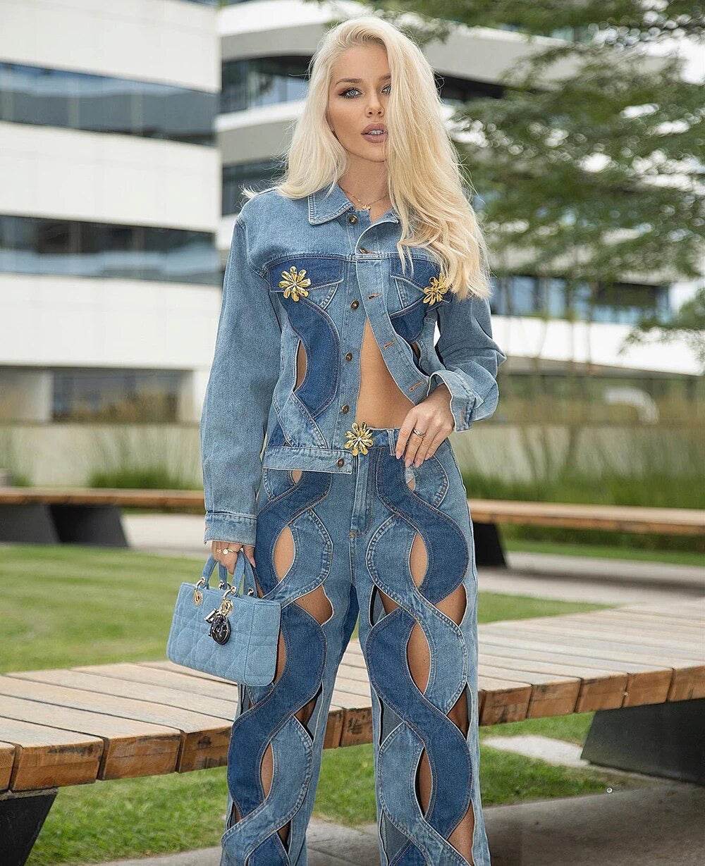 Loose Lapel Hollowed Out Single Row Button Solid Color set - REBECATHELABEL