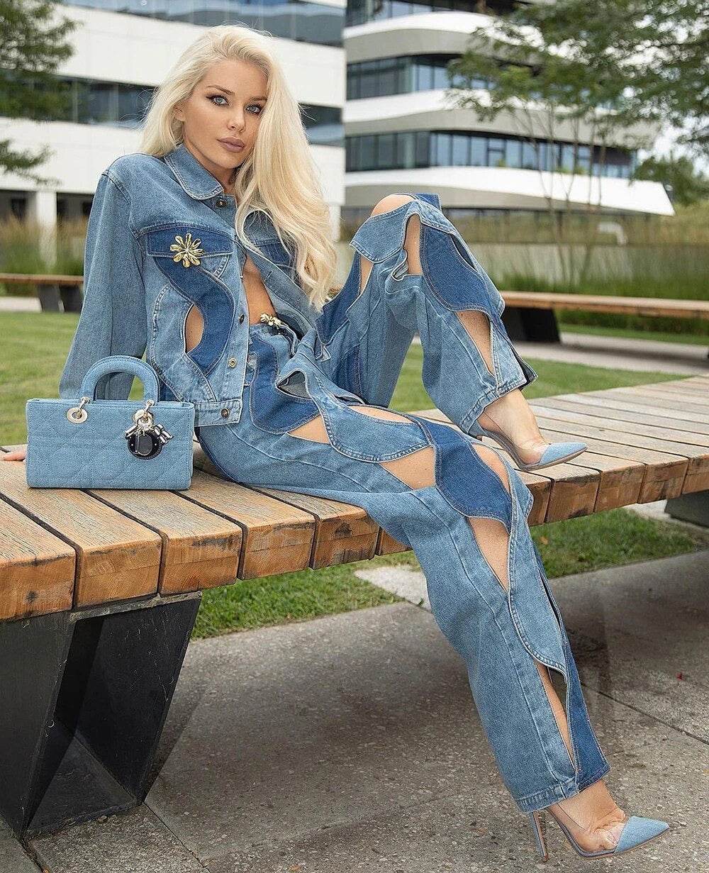 Loose Lapel Hollowed Out Single Row Button Solid Color set - REBECATHELABEL