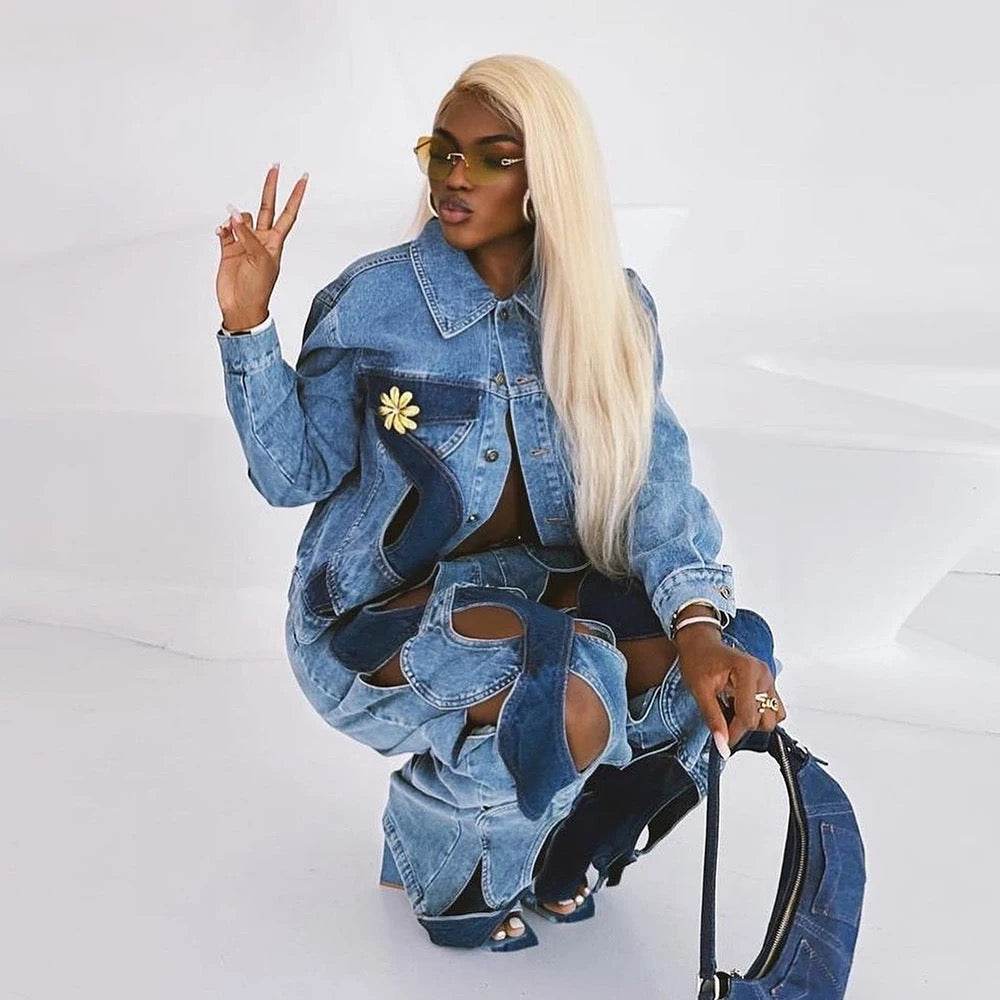 Loose Lapel Hollowed Out Single Row Button Solid Color set - REBECATHELABEL