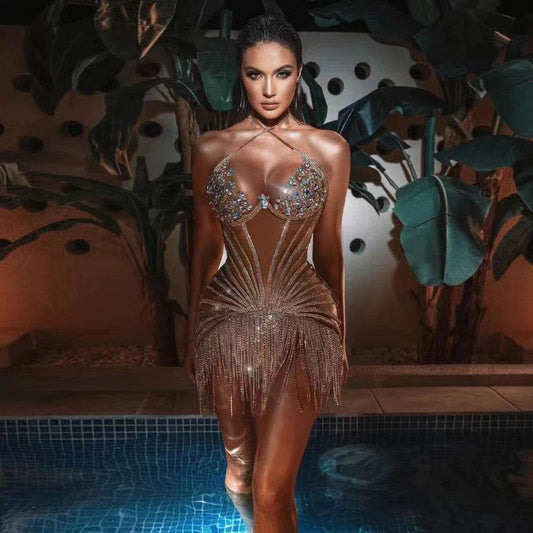 Lulu Halterneck Embellished Fringe Mini Dress - REBECATHELABEL