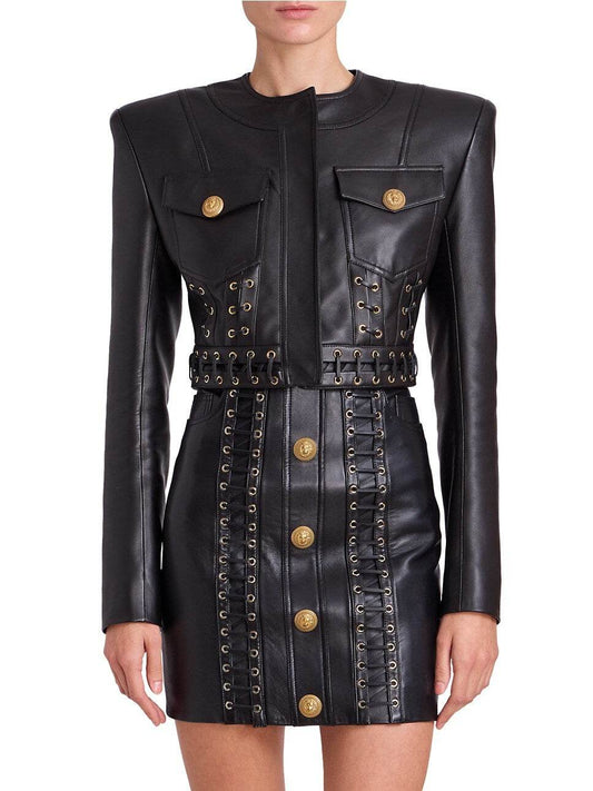 Malian Leather Cropped Jacket skirt set - REBECATHELABEL