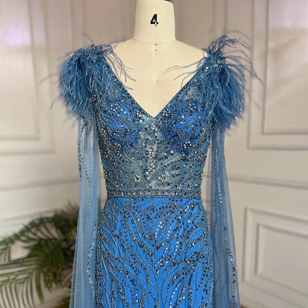 Mermaid Elegant Cape Sleeves Feather V Neck Beaded Evening Dress - REBECATHELABEL