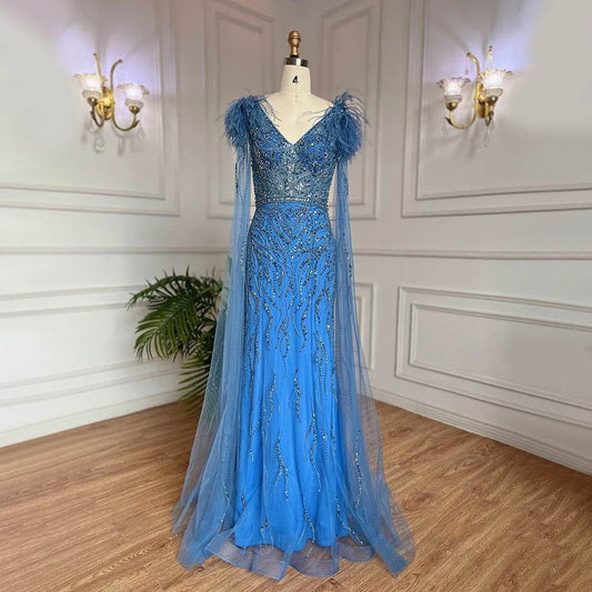 Mermaid Elegant Cape Sleeves Feather V Neck Beaded Evening Dress - REBECATHELABEL