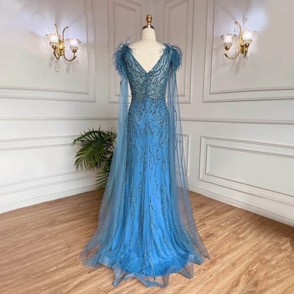 Mermaid Elegant Cape Sleeves Feather V Neck Beaded Evening Dress - REBECATHELABEL