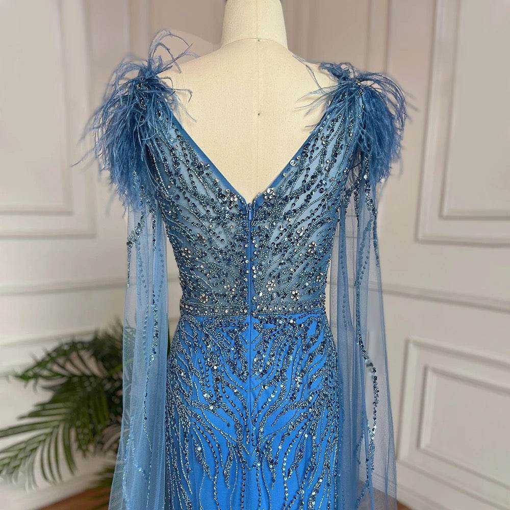 Mermaid Elegant Cape Sleeves Feather V Neck Beaded Evening Dress - REBECATHELABEL