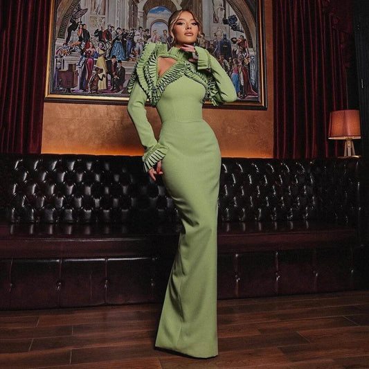 Mermaid Green Sexy Hollow Ruffle Edge Pleated Long Zipper Back Dress - REBECATHELABEL