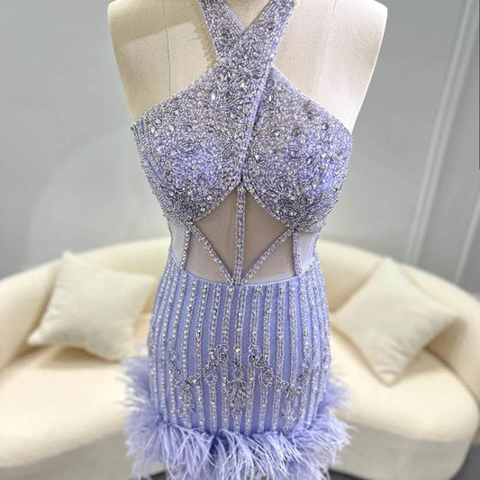 Mermaid Halter Off Shoulder Short Cocktail Dress - REBECATHELABEL