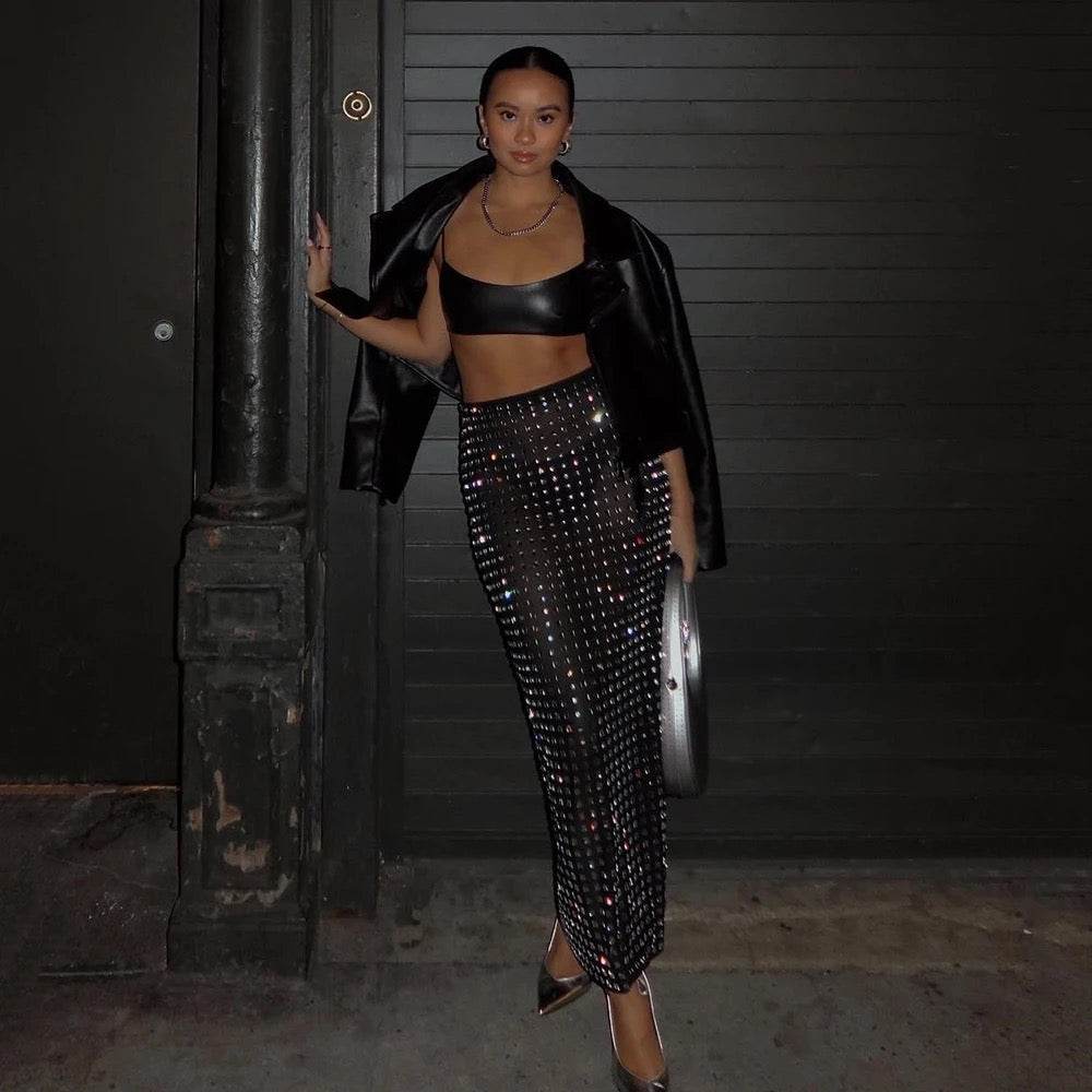 Mesh Black Sparkling Diamond skirt - REBECATHELABEL