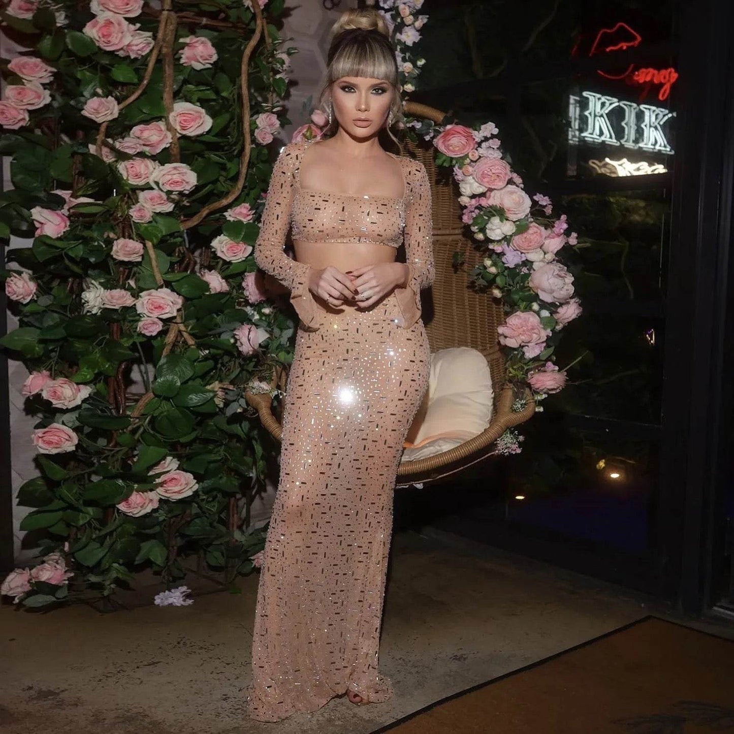 Mesh Diamond Sexy Long Sleeve Top and shirt set - REBECATHELABEL