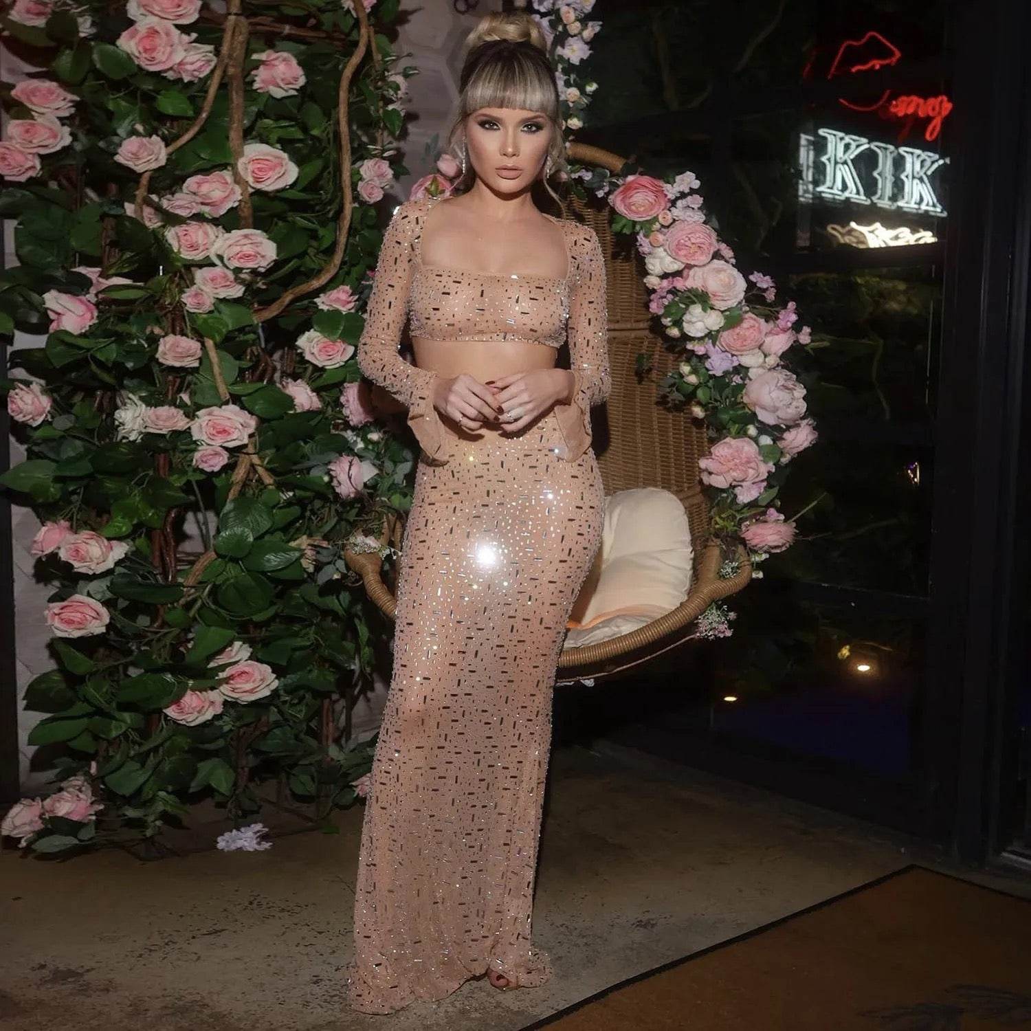 Mesh Diamond Sexy Long Sleeve Top and shirt set - REBECATHELABEL