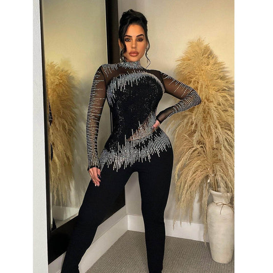 Mesh Rhinestone Long Sleeved Trousers Jumpsuit - REBECATHELABEL