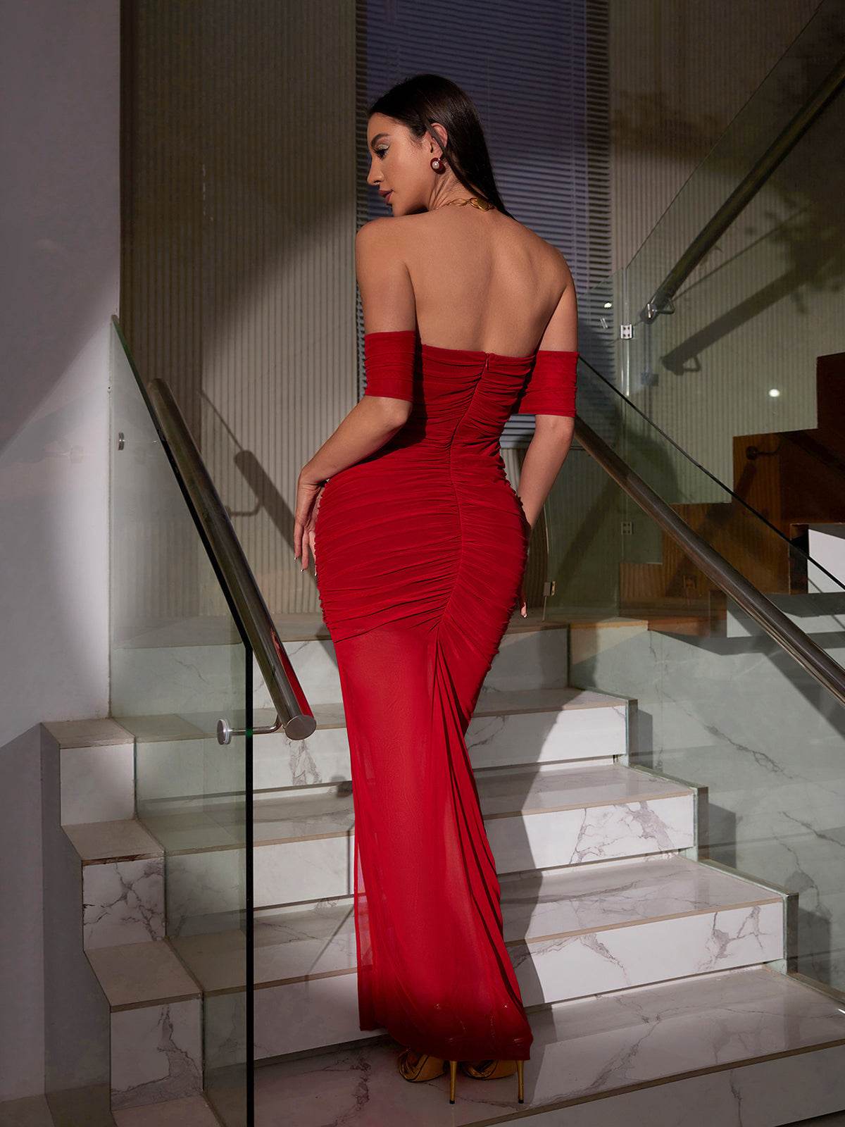 Mesh Ruched Off Shoulder Gown In Red - REBECATHELABEL