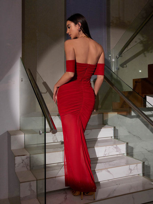 Mesh Ruched Off Shoulder Gown In Red - REBECATHELABEL