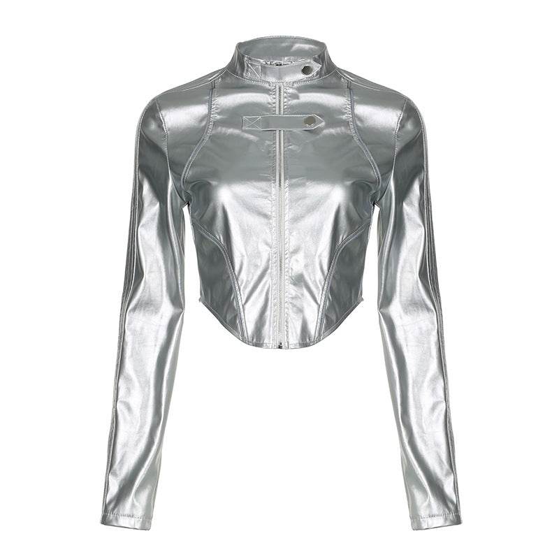Metallic Coated Fabric Hipster Reflective Leather Jacket - REBECATHELABEL