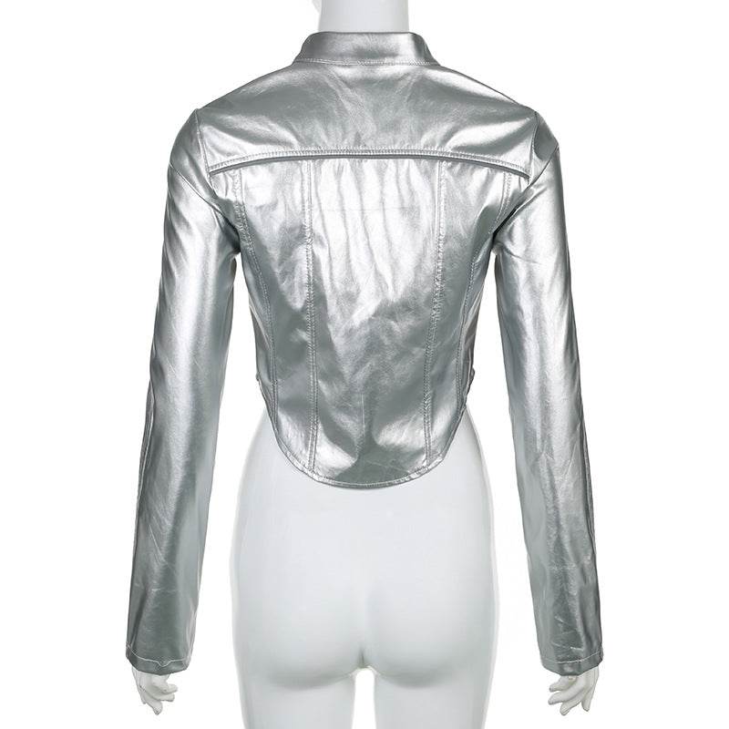 Metallic Coated Fabric Hipster Reflective Leather Jacket - REBECATHELABEL