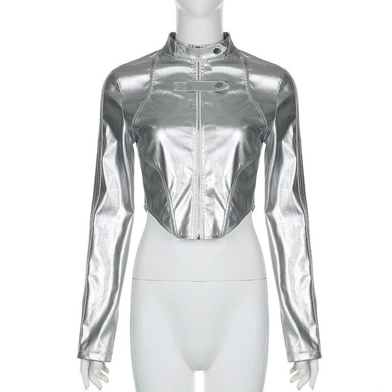 Metallic Coated Fabric Hipster Reflective Leather Jacket - REBECATHELABEL