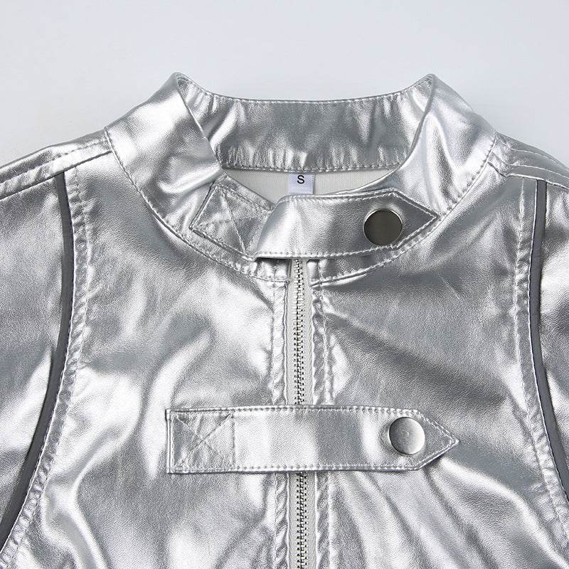Metallic Coated Fabric Hipster Reflective Leather Jacket - REBECATHELABEL