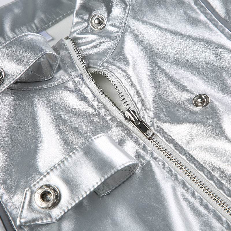 Metallic Coated Fabric Hipster Reflective Leather Jacket - REBECATHELABEL