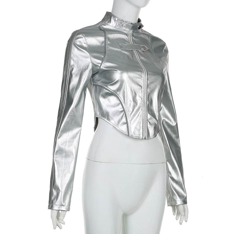 Metallic Coated Fabric Hipster Reflective Leather Jacket - REBECATHELABEL