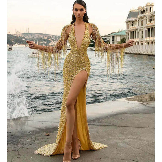 Milan Sequined Tassel Evening Dress - REBECATHELABEL