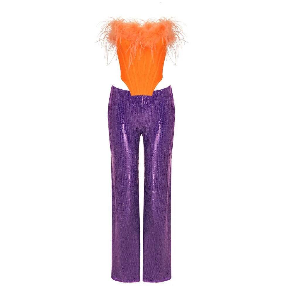 Naked Top and Purple Sequin Pants feather Set - REBECATHELABEL