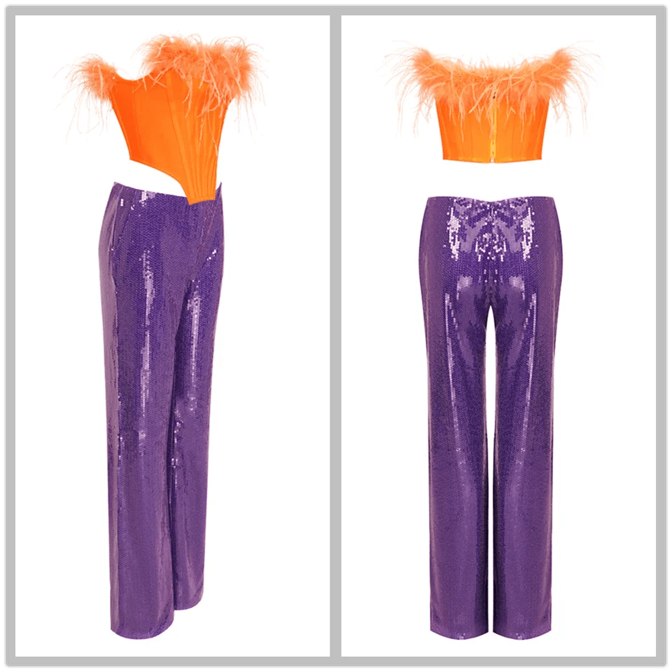 Naked Top and Purple Sequin Pants feather Set - REBECATHELABEL