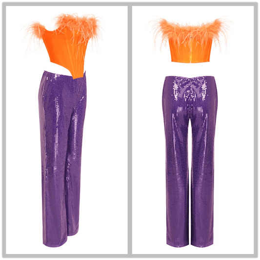 Naked Top and Purple Sequin Pants feather Set - REBECATHELABEL